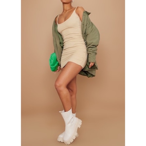 Stone Ribbed Scoop Neck Strappy Ruched Bodycon Dress - Picture 2 of 9